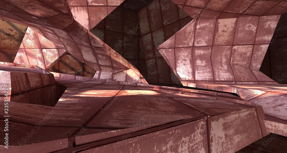 Empty abstract room interior of sheets rusted metal. Architectural background. 3D illustration and rendering Empty abstract room interior of sheets rusted metal. Architectural background. 3D illustration and rendering