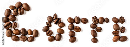 Coffe letters made from coffee beans isolated on white background