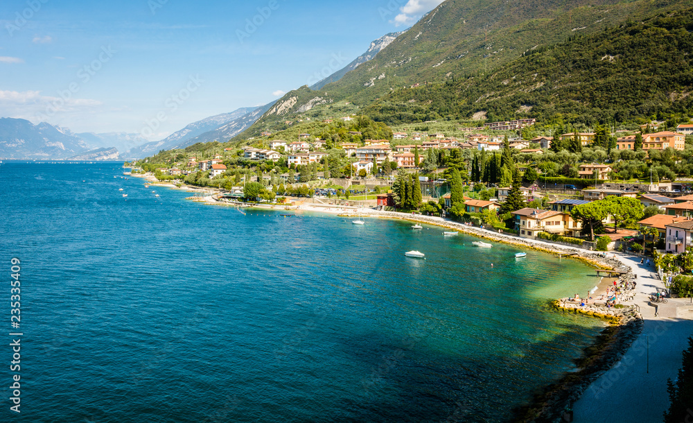 Obraz premium Town of Malcesine on Lago di Garda skyline view, Veneto region of Italy. Aerial view, top view
