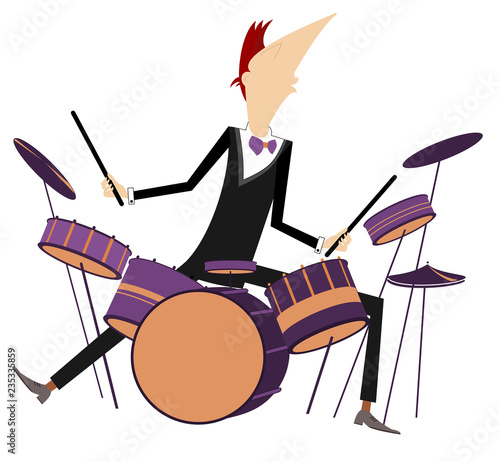 Drummer and drum kit illustration. Cartoon man plays on drums isolated on white illustration
