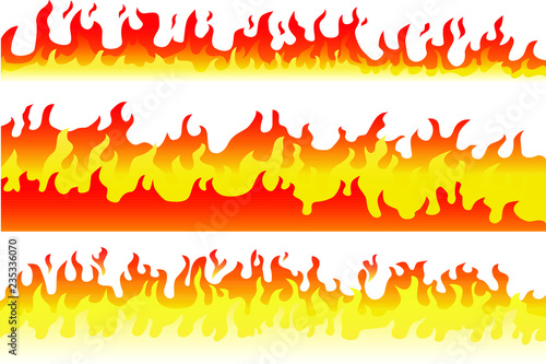 Set of cartoon fire flame frame border. Vector illustration of burning fire