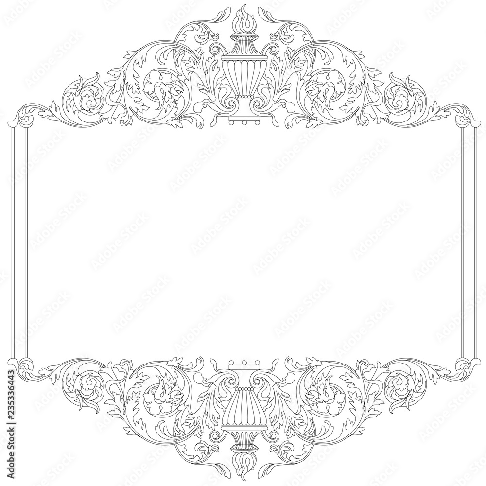 Fototapeta Vintage border frame engraving with retro ornament pattern in antique baroque style decorative design. Vector