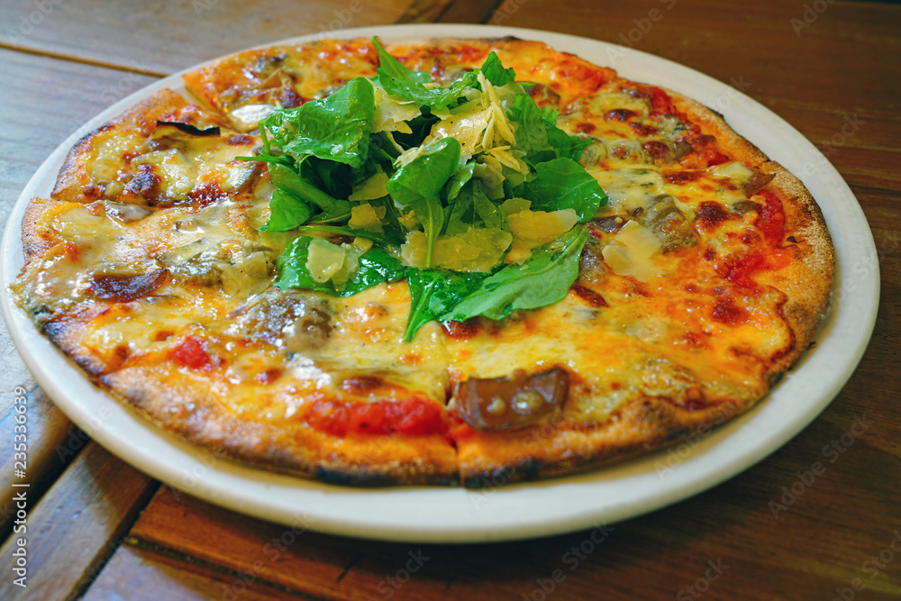 A pizza with tomato sauce, cheese and arugula salad on top