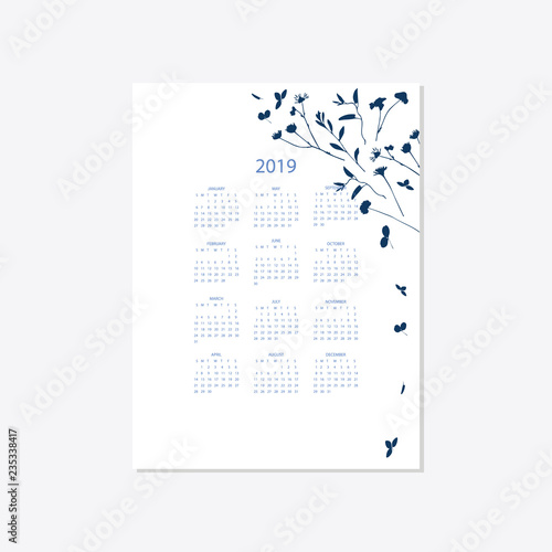 2019 flower decorative elegant calendar style cyanotype blue