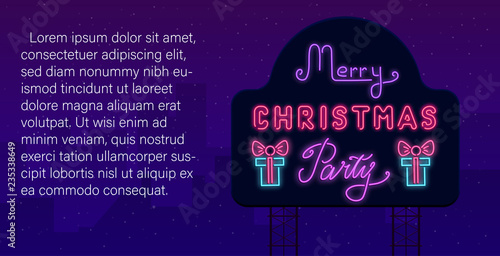 Merry Christmas party. Neon luminous poster or invitation template.