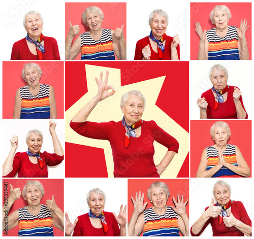 The collage from different emotions of senior woman. Old Woman with surprised expression on her face on white studio background. Human emotions concept. Positive emotional old lady standing indoor