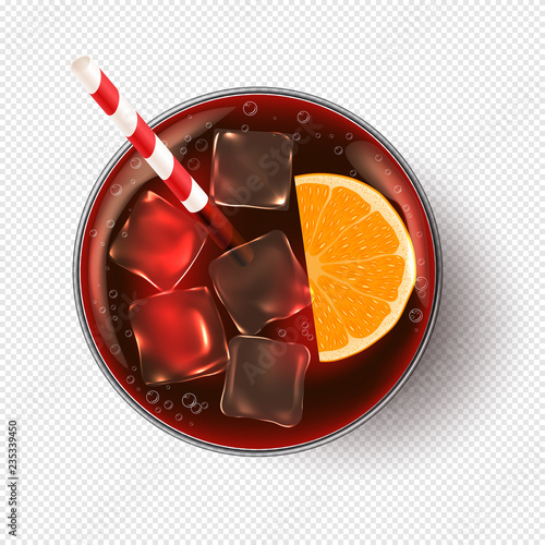 Summer cocktail with ice and orange. Summer party. Realistic fresh ice tea with cocktail tube. Transparent background.