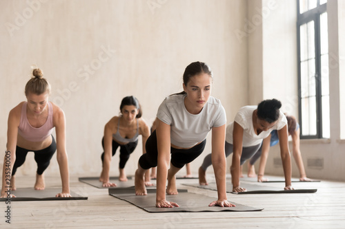Group of diverse young sporty people practicing yoga lesson  doing Push ups or press ups pose  phalankasana  Plank exercise  working out  indoor full length  mixed race students training at sport club
