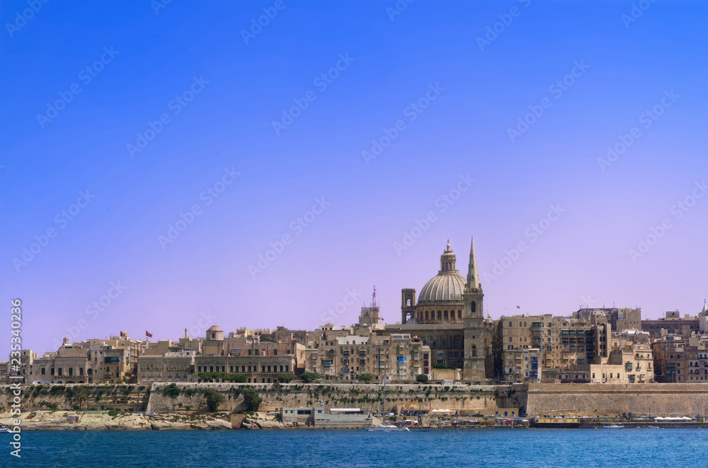 Panoramic view at Valletta city from Sliema bay, Malta