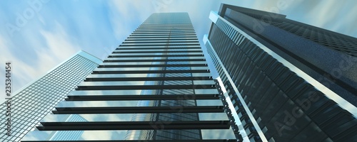 Skyscrapers are a view from below, modern high-rise buildings against the sky, 3d rendering 