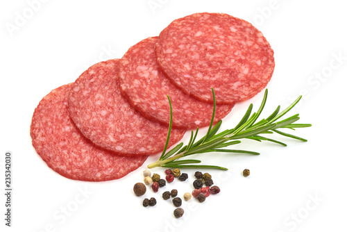 Smoked Meat Sausages with rosemary and peppercorns, isolated on a white background. Close-up