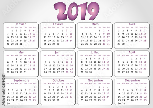 Calendrier 2019 simple - facilement éditable - polices non vectorisées