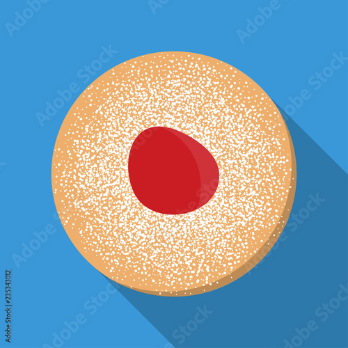 Donut with jelly and sugar powder. Hanukkah celebration. Vector flat illustration.