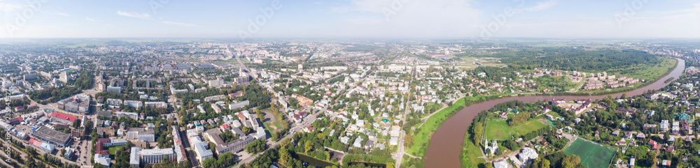 panorama of the city from a height. Saint Sophia orthodox cathedral and church of Resurrection of Jesus, The Kremlin Square of the Old City in a sunny summer day in Vologda Kremlin.