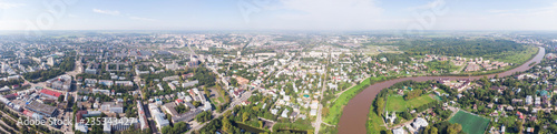 panorama of the city from a height. Saint Sophia orthodox cathedral and church of Resurrection of Jesus, The Kremlin Square of the Old City in a sunny summer day in Vologda Kremlin.