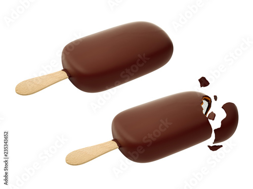 set of chocolate ice cream bite on wooden stick isolated on white background