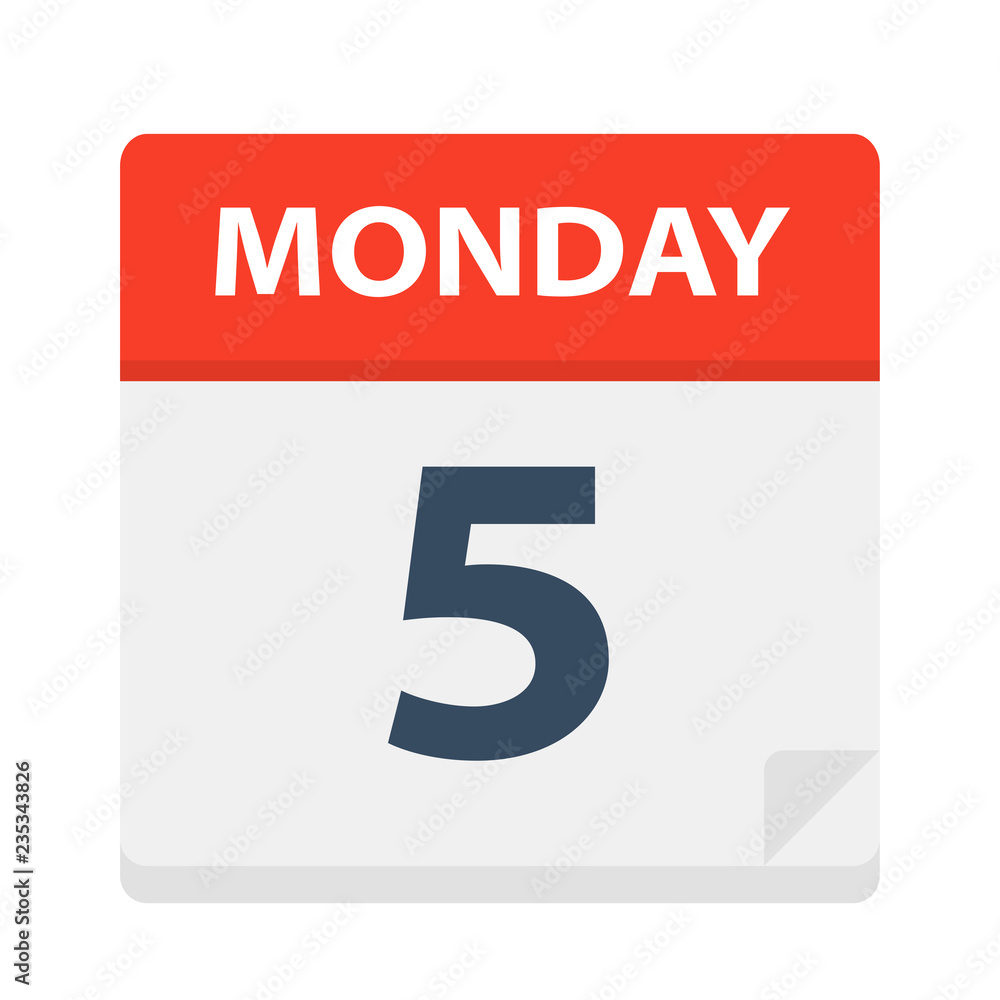 Monday 5 - Calendar Icon. Vector illustration of week day paper leaf. Monday 5 - Calendar Icon. Vector illustration of week day paper leaf.