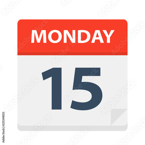 Monday 15 - Calendar Icon. Vector illustration of week day paper leaf.
