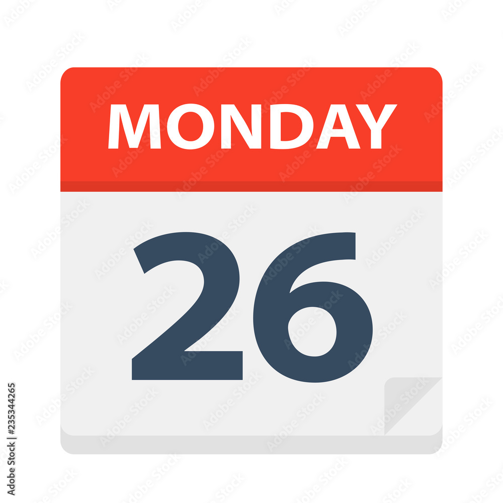 Monday 26 - Calendar Icon. Vector illustration of week day paper leaf. Monday 26 - Calendar Icon. Vector illustration of week day paper leaf.