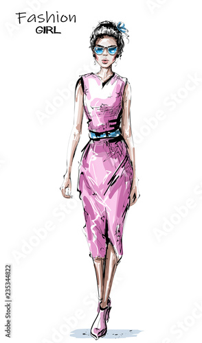 Hand drawn beautiful young woman in pink dress. Stylish elegant girl. Fashion woman look. Sketch.