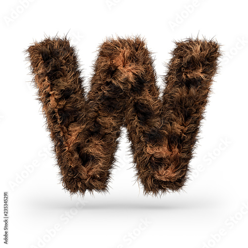 Uppercase fluffy and furry font. Letter W. 3D