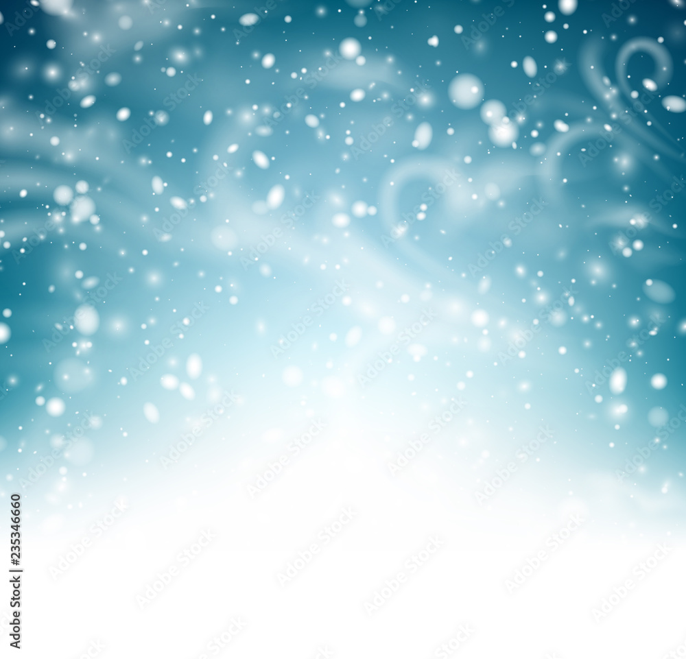 Abstract shiny winter poster with snow, wind and blizzard.
