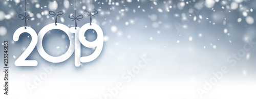 Abstract silver 2019 New Year banner with snow.