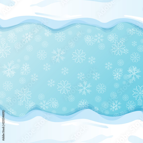 vector winter snow caps isolated on blue sky background with snowflakes. winter snow border or frame for winter sale or christmas banner design