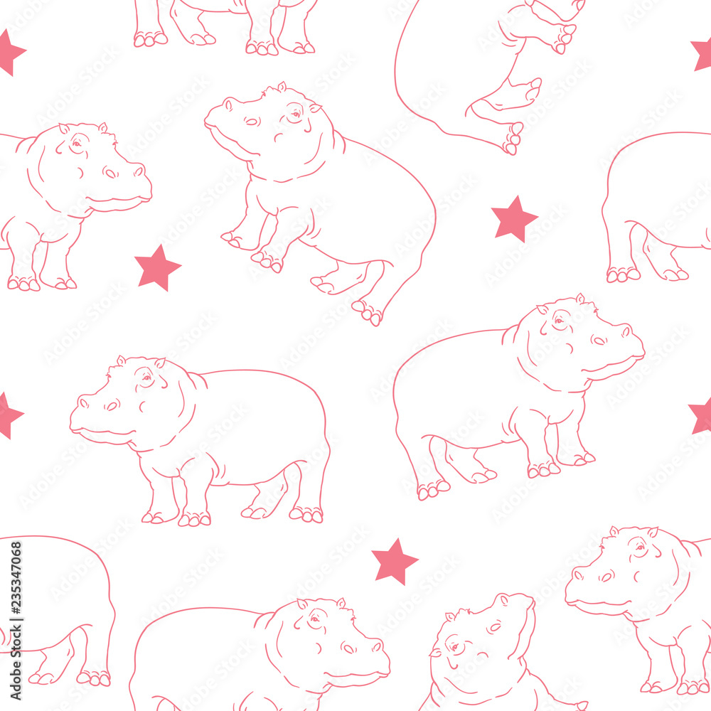 Fototapeta premium Seamless childish pattern with hippos and stars in pink and white style.