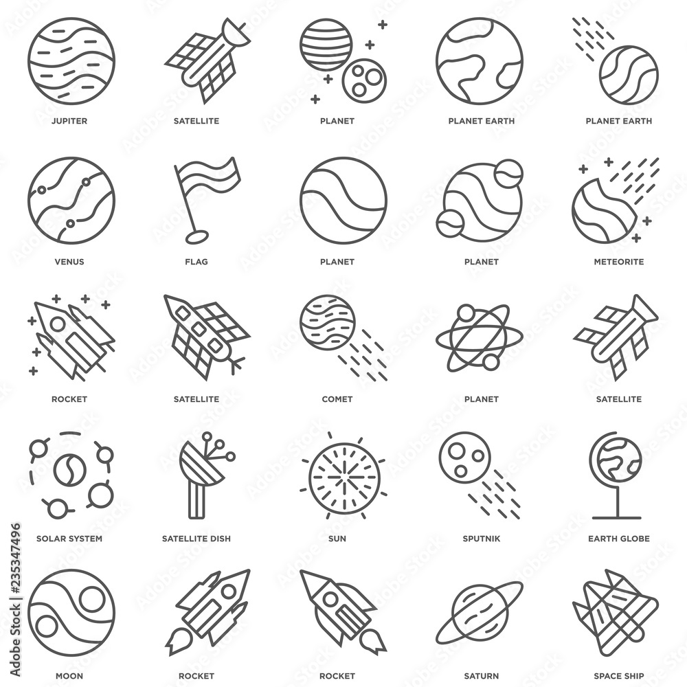 25 linear icons related to Space ship, Saturn, Rocket, Moon, Met 25 linear icons related to Space ship, Saturn, Rocket, Moon, Met