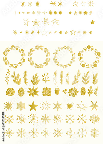 Gold foil set of Christmas wreath, plants, stars and snowflakes. Vintage isolated decorative elements. Holiday flourishes.
