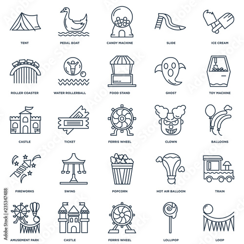 Set Of 25 outline icons such as Loop, Lollipop, Ferris wheel, Ca