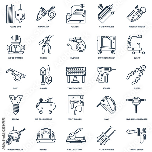 Set Of 25 outline icons such as Paint brush, Screwdriver, Circul