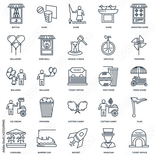 Set Of 25 outline icons such as Ticket office, Magician, Rocket,