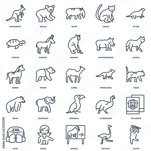 Set Of 25 outline icons such as Sloth, Ostrich, Animal, Guide, G