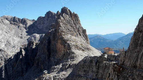 Mountain peaks in the Dolomites Alps. Beautiful nature of Italy. Chalet Pedrotti. photo