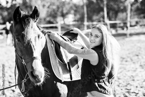 Girl equestrian rider equips horse. Horse theme 