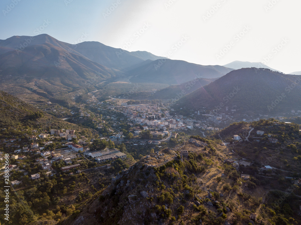 Fototapeta premium Aerial view of Delvina / Delvine in South Albania. Albanian city with beautiful landscape.