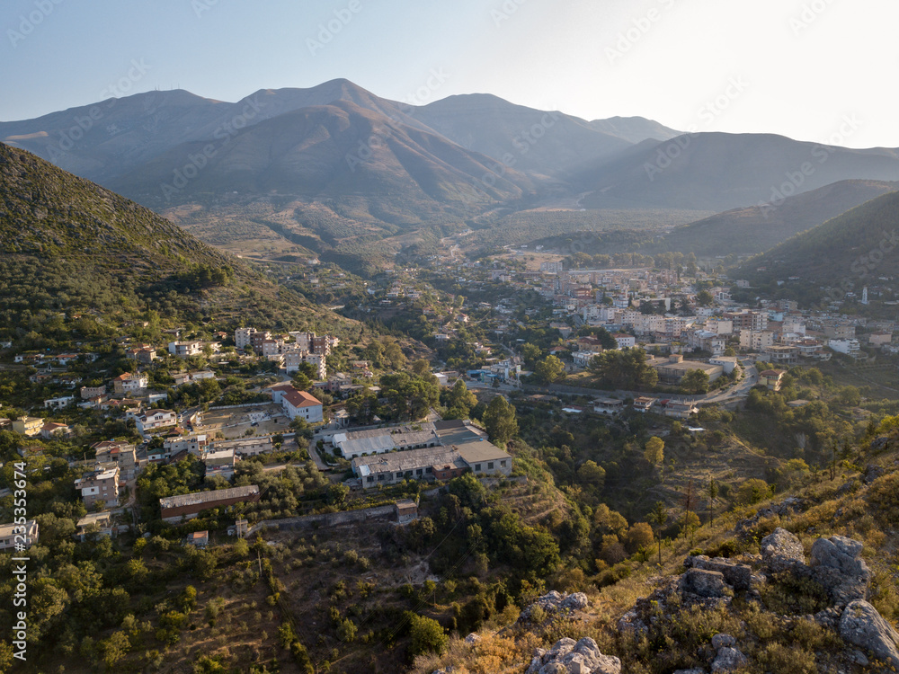 Aerial view of Delvine / Delvina in Albania.  Taken in autumn with beautiful mountains in background.