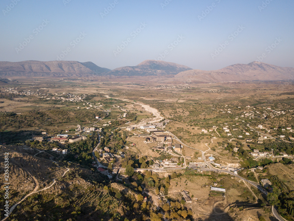 Aerial view of fields, mountains and houses near Saranda, Albania.  Taken from Delvina 