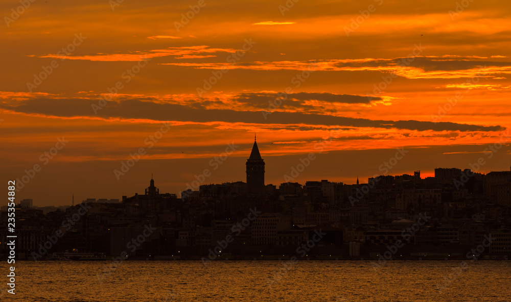 Istanbul silhouette. Sunset view of istanbul, Turkey..