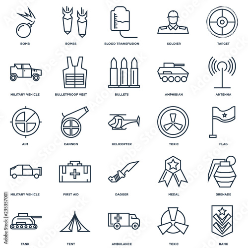 Set Of 25 outline icons such as Rank, Toxic, Ambulance, Tent, Ta photo