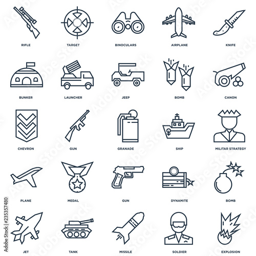 Set Of 25 outline icons such as Explosion, Soldier, Missile, Tan