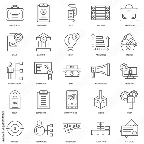 25 linear icons related to Cit card, Furniture, Password, Teamwo