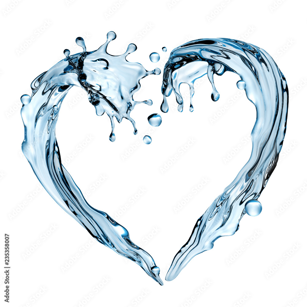 3d render, abstract water design element, illustration, heart shape splashing, blue liquid splash isolated on white background - obrazy, fototapety, plakaty 