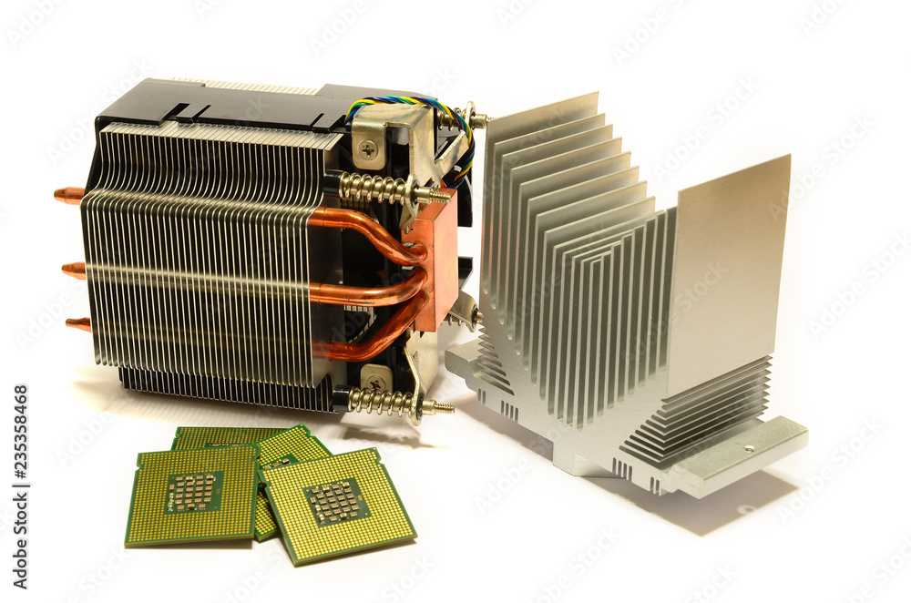 Fototapeta premium CPU Cooler Heatsink with CPU Processor Chips isolated on white
