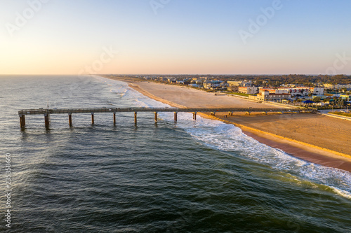 Aerial view of Fishing Pier in Saint Augustine Beach during sunrise