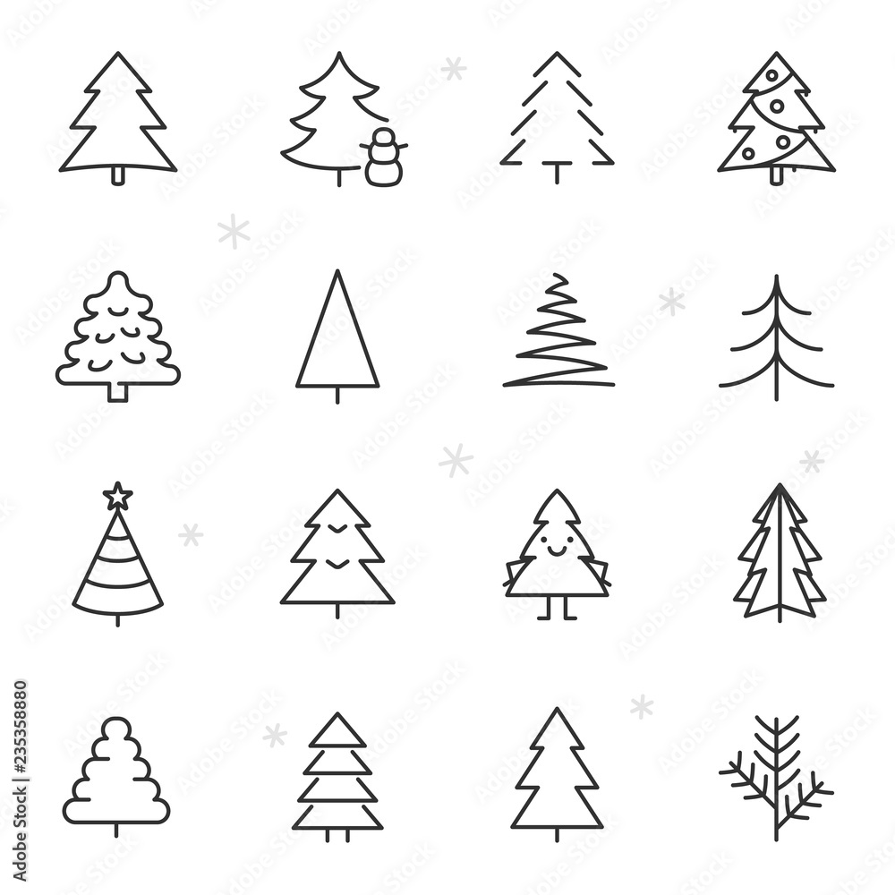 Christmas tree, icon set. Spruce, linear icons. Line with editable stroke