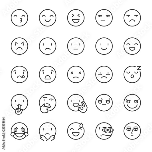 Emoji, icon set. Smile, linear icons. Includes positive, negative emotions and such as refusal, silence, thinking etc. Line with editable stroke