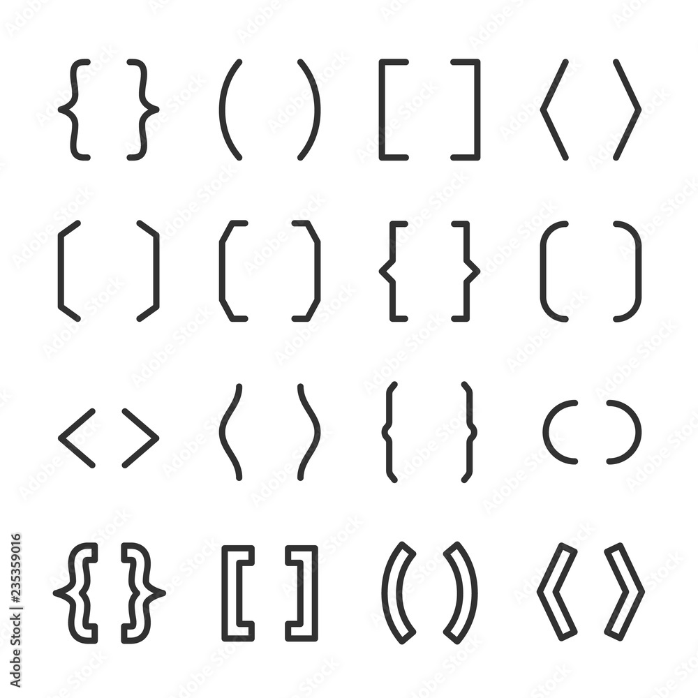 Brackets set. typography symbols of various shapes. Line with editable stroke Brackets set. typography symbols of various shapes. Line with editable stroke